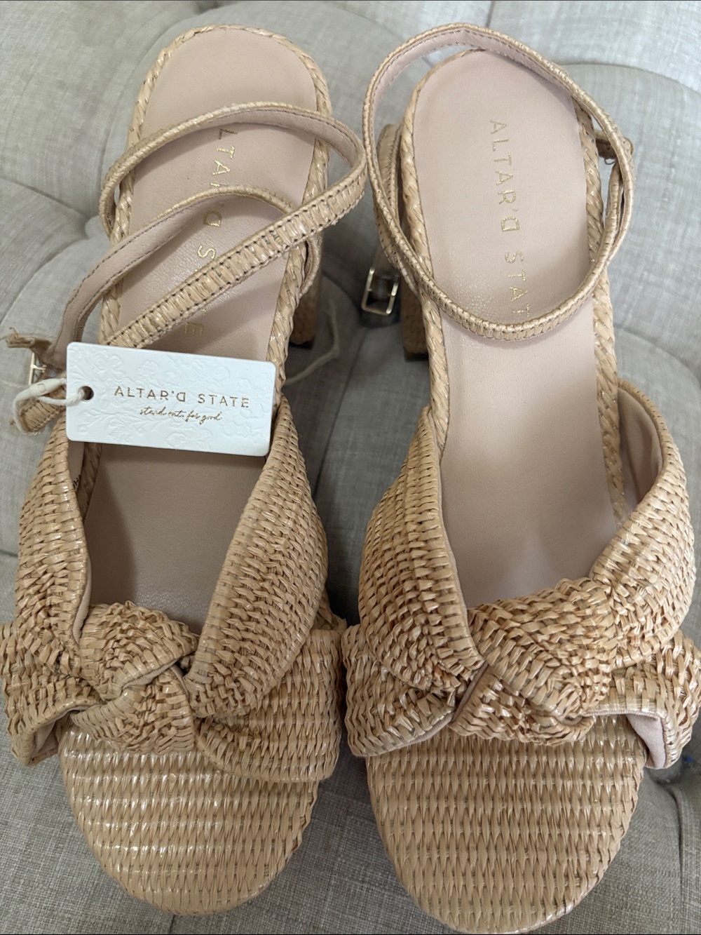 Altar'd State Noha Raffia Knot Beige Braided  Wedge Sandals